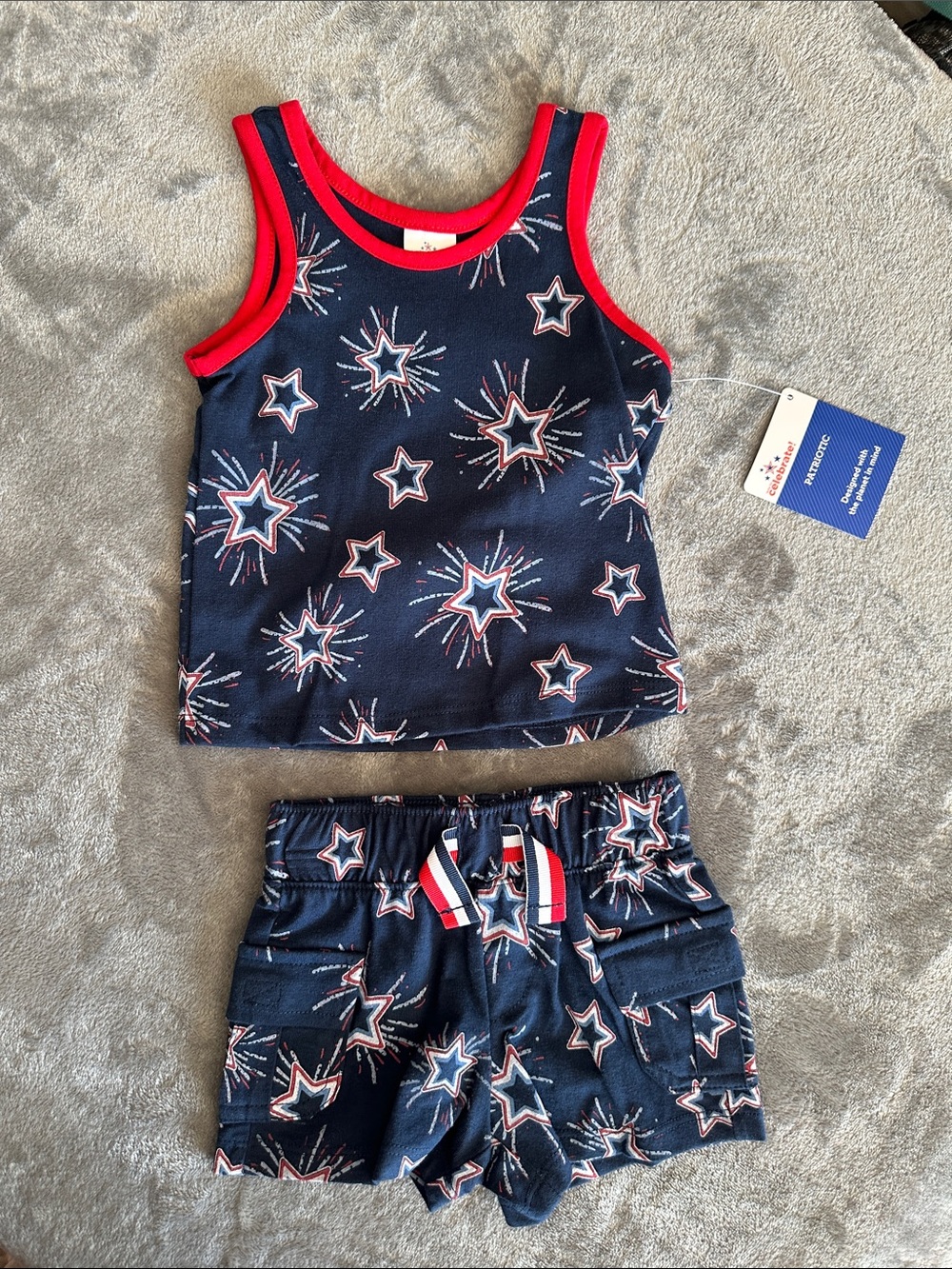 NWTS Celebrate Patriotic Kids Navy Star Print Tank & ShortsSet Red Trim 12 mos - Picture 1 of 8
